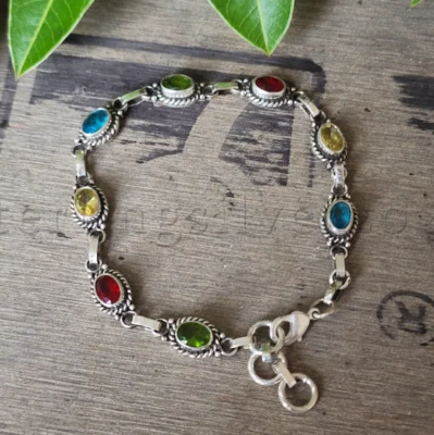 Peridot & Garnet Bracelet 925 Sterling Silver Beautiful Adjustable Bracelet MK* - Image 1 of 4