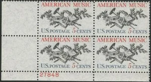 Plate Block of 4 stamps - Scott 1252 - 5 cent - American Music - 1964 - MNH - Picture 1 of 1