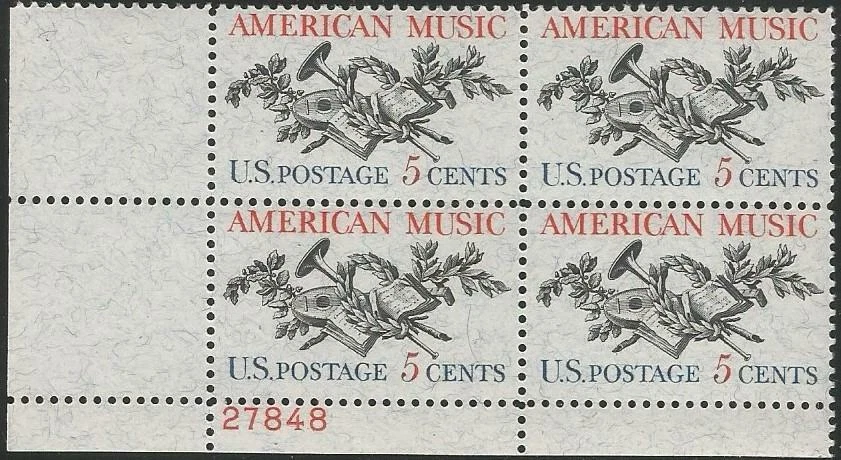 Plate Block of 4 stamps - Scott 1252 - 5 cent - American Music - 1964 - MNH - Image 1 of 1