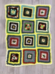 VINTAGE - HANDMADE CROCHET KNIT AFGHAN 29 x 38 MULTICOLOR ON YELLOW - PREOWNED - Picture 1 of 2