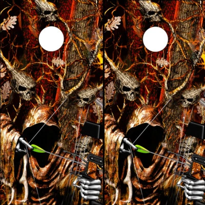 Cornhole Wraps Grim Reaper Bow Hunter Skull Flame Camo -Set of 2 Cornhole Decals - Image 1 of 3