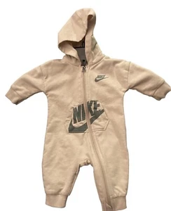 Nike Baby 3M One Piece Hoodie Outfit Long Sleeve Zip Up Beige Spell Out - Picture 1 of 6