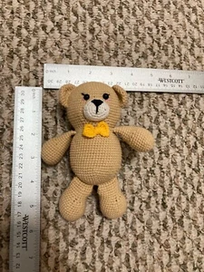 Teddy Bear Amigurumi Doll Handmade Soft Crochet Handcrafted Small Yellow Bow Tie - Picture 1 of 4
