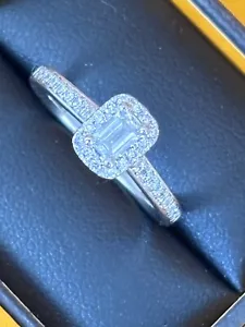 Goldsmiths 18ct Gold 0.5ct Emerald Cut Halo Diamond Ring 18 Carat 18K White Gold - Picture 1 of 24