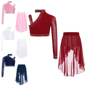 Girls Set Irregular Shoulder 2 Piece Unique Outfits Mesh Crop Top With Skirt - Picture 1 of 58