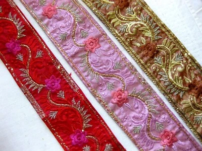 MARKENLOS Borte mit Stickerei u.Pailletten Blumen Floral verschiedene Farben 65mm fm B61.1