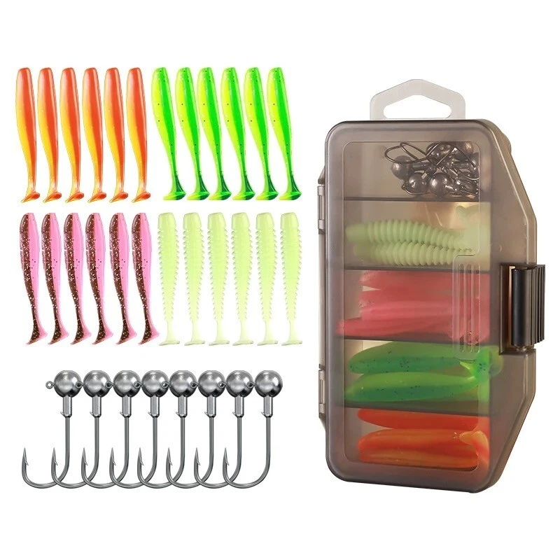 FISHKO Jighaken Gummifisch Set Box Barsch Hecht Zander Angeln Angelköder Jig Haken