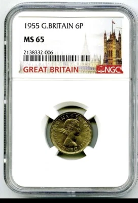 1955 6P PENCE GREAT BRITAIN QUEEN ELIZABETH II NGC MS65 - VARIETY REVERSE C - Image 1 of 2