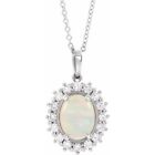 Platinum Natural White Opal & 1/2 Ctw Natural Diamond Halo-Style 16-18" Necklace