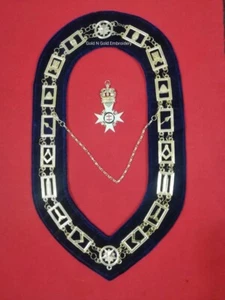 Freimaurer Meister Mason Gold Metall Kette Halsband auf blauem Samt mit Kragen Schmuck - Bild 1 von 2