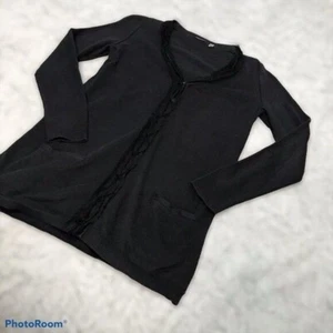 Tahari Cardigan Size Small Black V-Neck Knit Snap Front Ruffled - Picture 1 of 5