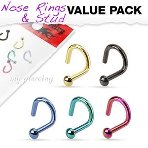 5 Pcs Value Pack Assorted Dome Top Titanium IP Surgical Steel Nose Screw 20G 18G - Picture 1 of 1