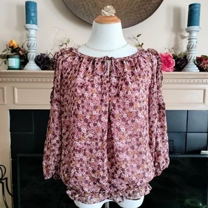 Max Studio Ditsy Floral Chiffon Top L Ruffles Cold Shoulder Lined Elastic Waist - Picture 1 of 7