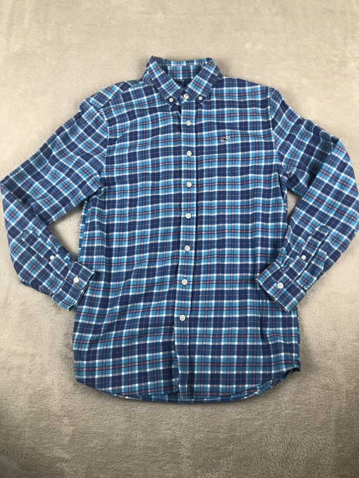 Vineyard Vines Shirt Boy Large Blue Plaid Flannel Button Down Whale Logo Kids - Image 1 of 4
