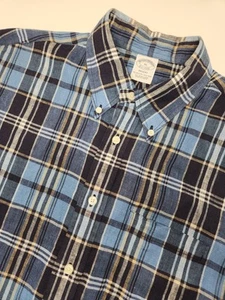 Brooks Brothers Camicia Uomo XL Blu S/S Plaid Bottoni 100% Lino Irlandese Regent - Foto 1 di 5
