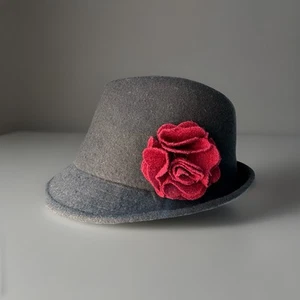 Vintage Black Wool Fedora Hat Red Flower Accent Felt Dressy Retro Pinup Unisex - Picture 1 of 9