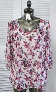 Sara Michelle Sheer Lined Floral Blouse 3/4 Sleeve Sz Large.  - Picture 1 of 5