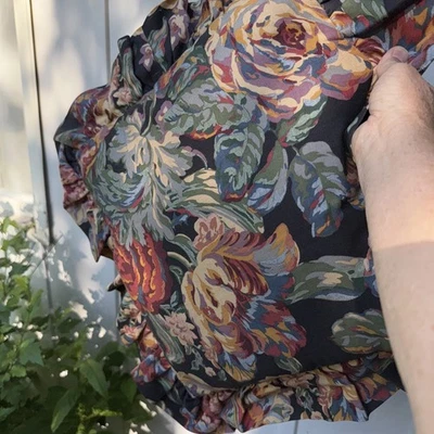Vintage Throw Pillow Cabbage Rose Garden On Black Ruffle Flange 20 x 20” Cotton - Image 1 of 4