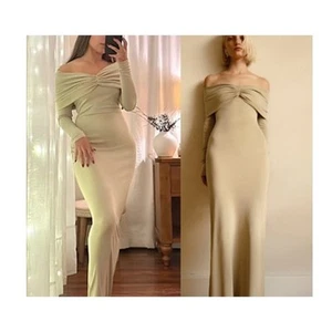 Helsa Maxikleid Damen Small Matt Jersey Off Green Ulme Schulter Lang Kleid Neu - Bild 1 von 17