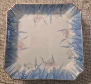 Vtg OMC Otagiri Orchid  Tray  Trinket Blue Pink Square Gold Trim  - Picture 1 of 6
