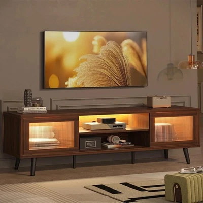 Soporte de TV LED moderno de mediados de siglo para televisores de hasta 70" con puertas correderas para consola multimedia Foto 1 de 4
