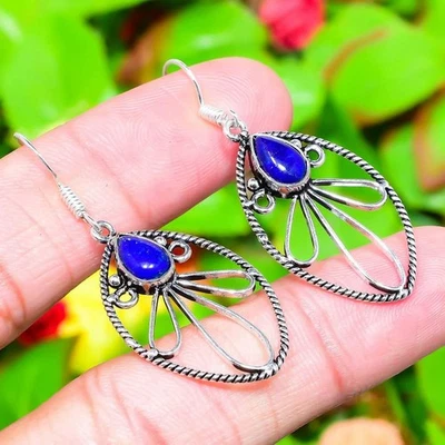 Natural Lapis Lazuli Gemstone 925 Sterling Silver Gift Earring 2.01" Gift g627 - Image 1 of 4