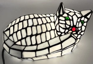 VERY RARE Cat Lamp Stained Glass Tiffany Style Mustache-Green Eyes Red Nose 11x6 - Picture 1 of 11