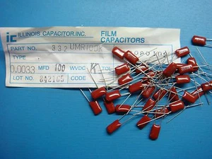 (10) ILLINOIS CAPACITOR 332UMR100K 0.0033uf 100V 10% RADIAL POLYESTER FILM - Picture 1 of 2
