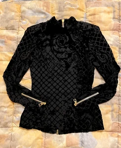 Balmain H&M Silk Blend Velvet Blouse Top Black Zip High Neck US6 EUR36 - Picture 1 of 6