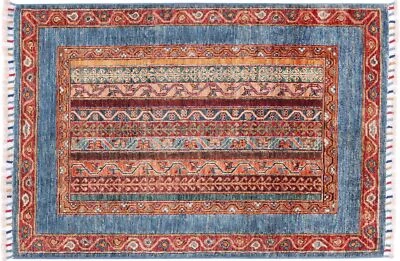 Afghan Khorjin Shaal Carpet 80x120 Hand Knotted Blue Striped Oriental A - Image 1 of 4