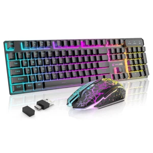 104 Keys Wireless Gaming Keyboard Mouse set Mechanical feel Rainbow LED Backlit - Picture 1 of 16