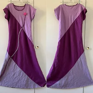 Leinenkleid handgefertigt Blumenapplikation unebener Saum Maxi A-Linie lila kurzärmelig - Bild 1 von 15