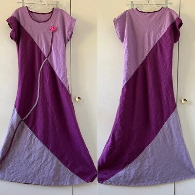 Linen Dress Handmade Flower Applique Uneven Hem Maxi A-Line Purple Short Sleeve - Image 1 of 4