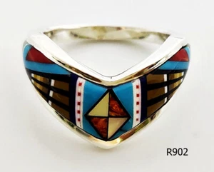 CHARMING HANDCRAFTED MULTICOLOR INLAY .925 STERLING SILVER V SHAPE RING SIZE 9 - Picture 1 of 5