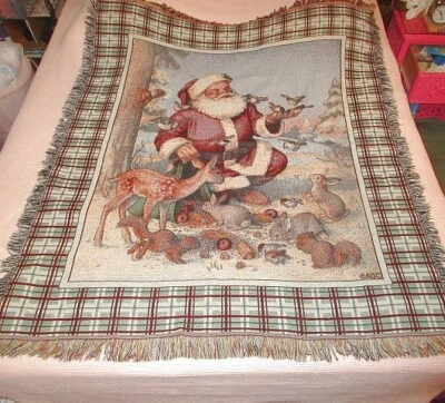 Vtg Christmas Blanket Woodland Santa Forest Animals Squirrel Bird Tapestry Throw - image 1 of 4