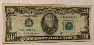 1990 $20 Twenty Dollar FRN G7 Chicago District S# G 60989695 D - Picture 1 of 2