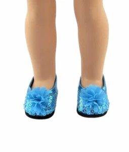 Doll Clothes 18" Shoes Turquoise Sequin Flower Slip On Fits American Girl Dolls - Picture 1 of 5