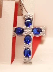 COLLANA ARGENTO CROCE ZIRCONI BLU E ZIRCONI BIANCHI MM 18X25 CM 45 EXPLOIT - Foto 1 di 4