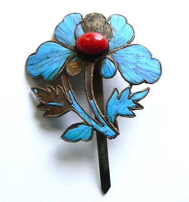 Pin de pelo pluma martín pescador dinastía Qing antiguo DE COLECCIÓN azul Tian-tsui 點翠 coral Foto 1 de 2