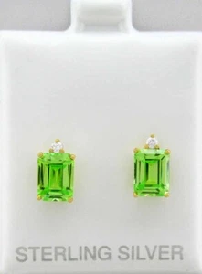 LAB CREATED 3.48 Cts PERIDOT & WHITE SAPPHIRE STUD EARRINGS .925 Silver - NWT - Picture 1 of 4