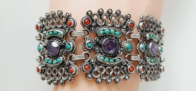RAFAEL DOMINGUEZ °  Taxco ° SILBER DESIGN ARMBAND ° 925 °Amethyst Koralle Türkis - Bild 1 von 4
