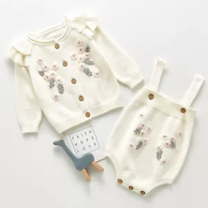 Baby Girl Cardigan Romper Set - Cute Baby Girl Outfit - Knitted Baby Clothing - Picture 1 of 12