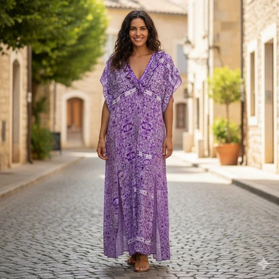 Maxi Vestido Feather & Find Para Mujer Talla Única Púrpura Floral Lentejuelas Cuello en V Acanalado Foto 1 de 4