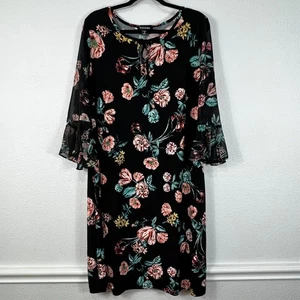 Roz & Ali Dress Women's 1X Black Floral 3/4 Sheer Bell Sleeve Keyhole Tie - Picture 1 of 16