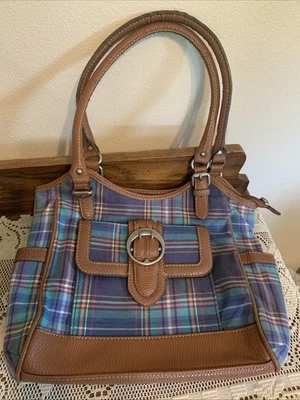 Bolso de hombro Chaps para mujer azul rosa tela a cuadros de cuero Foto 1 de 4