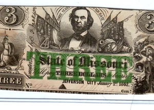 3 $ "STATE OF MISSOURI" 1800'S 3 $ "JEFFERSON CITY" 1800'S GREEN PRINT !!CRISPY!!!! - Bild 1 von 3