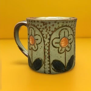 Vtg Studio pottery Mug floral Folk Art spelled Pottery Mug 10oz Rustic Boho - Picture 1 of 9