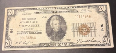🇺🇸 US 20 Dollars 1st National Bank of  Milwaukee 1929 Free Shipping - Image 1 of 4