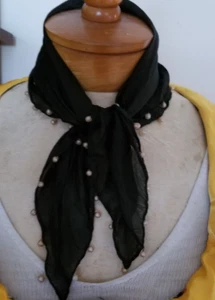 Silk chiffon Scarf Black Beaded pony tail or neck 16x17 vintage 50s - Picture 1 of 3