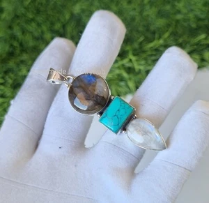 Labradorite Turquoise Moonstone Pendant 925 Sterling Silver Handmade Item PG3854 - Picture 1 of 3